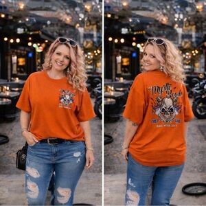 Myrtle Beach Bike Week 2019 Skull Graphic Tee Orange Biker Shirt Unisex L